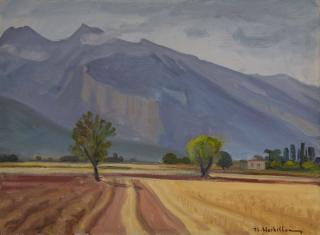 Plain with Mount Parnassus in Background — Oil painting, Canvas, 40.00×55.00cm — Theodoros Markellos
